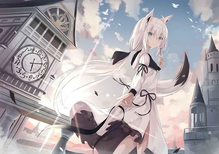 Shirakami Fubuki anime girl with white hair and fox ears in a gothic cityscape HD wallpaper