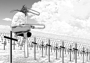Denji from Chainsaw Man Sitting on a Cross in a Vast Cemetery HD wallpaper