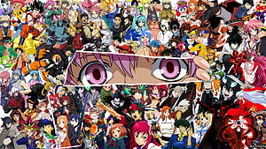 Massive Anime Character Collage with Central Eye Close-Up HD wallpaper