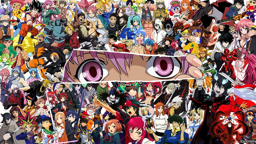 Massive Anime Character Collage with Central Eye Close-Up HD wallpaper