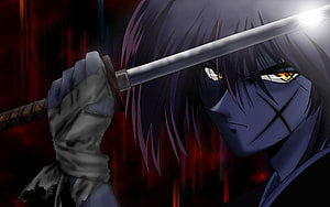 Rurouni Kenshin anime character holding a katana with glowing eyes against a dark red background HD wallpaper