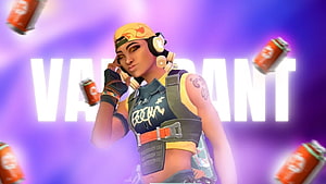 Valorant Raze Character Artwork with Energy Drinks and Neon Purple Background HD wallpaper