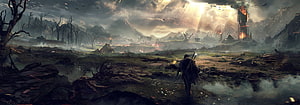 Lord of the Rings Dark Fantasy Landscape with Lone Warrior and Distant Tower HD wallpaper