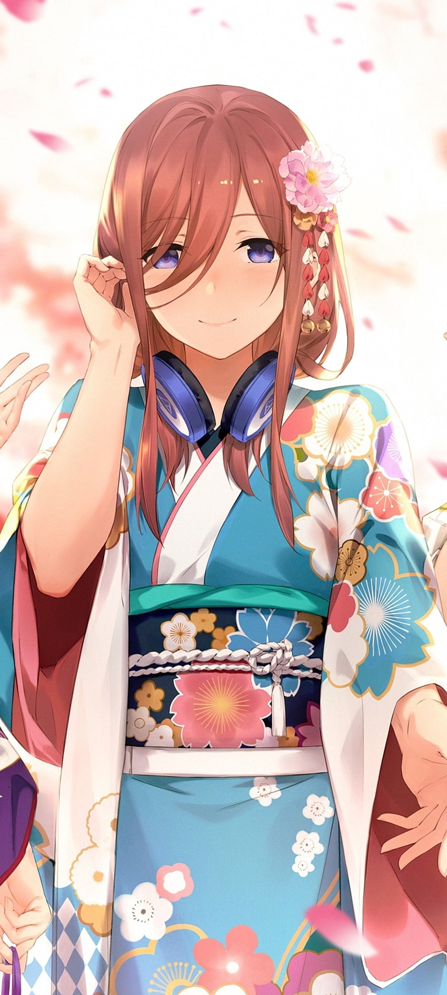 Nakano Miku in a floral kimono with headphones and cherry blossom petals HD phone wallpaper