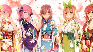 The Quintessential Quintuplets Sisters in Traditional Kimono Under Cherry Blossoms HD wallpaper
