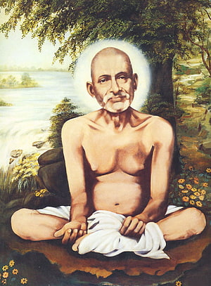 Gajanan Maharaj Portrait Painting with Sacred Halo and River Landscape HD phone wallpaper