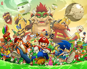 Mario Sonic Crash Bandicoot and Bowser Video Game Crossover Illustration HD wallpaper