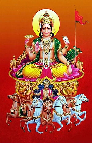 Surya Narayan Bhagavan on Seven-Horse Chariot with Radiant Halo and Traditional Indian Iconography HD phone wallpaper