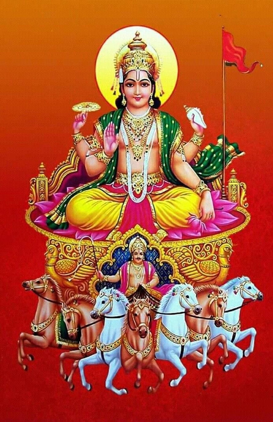 Surya Narayan Bhagavan on Seven-Horse Chariot with Radiant Halo and Traditional Indian Iconography HD phone wallpaper