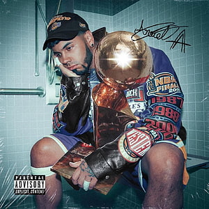 Anuel AA album cover art featuring NBA Finals trophy and Lakers jersey HD phone wallpaper