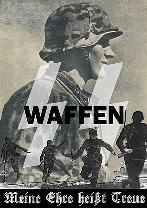 Waffen SS Soldier Portrait with Running Silhouettes and Black and White Military Poster Design HD phone wallpaper