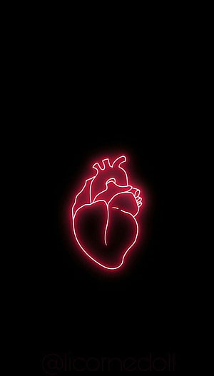 Glowing Red Neon Anatomical Heart on Black Background Minimalist Art HD phone wallpaper