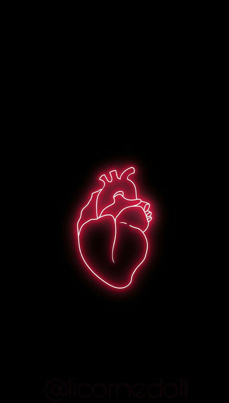 Glowing Red Neon Anatomical Heart on Black Background Minimalist Art HD phone wallpaper