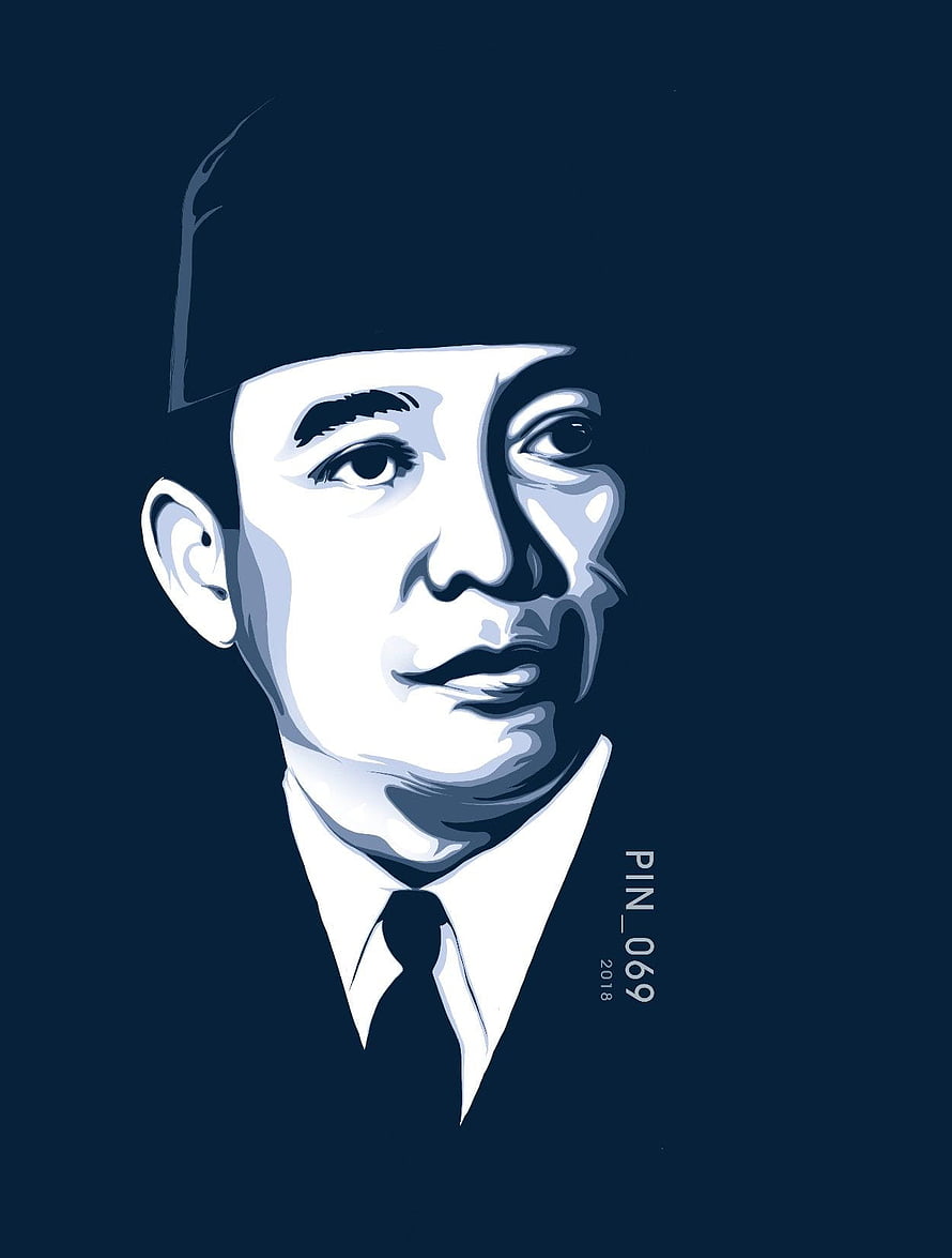 Stylized Vector Portrait of Ir Soekarno in Monochrome Blue Tones HD phone wallpaper