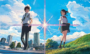 Your Name Anime Poster Featuring Taki and Mitsuha Split by a Bright Starburst HD wallpaper
