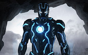 Neon Iron Man Armor Concept with Glowing Blue Circuitry and Arc Reactor HD wallpaper