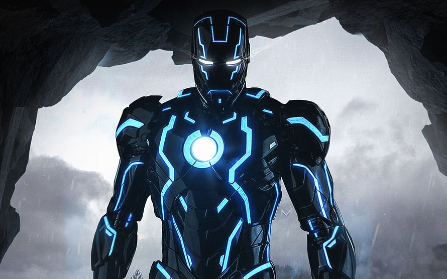 Neon Iron Man Armor Concept with Glowing Blue Circuitry and Arc Reactor HD wallpaper