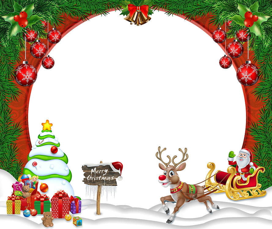Festive Christmas Frame with Santa Sleigh, Reindeer, and Snowy Tree HD wallpaper