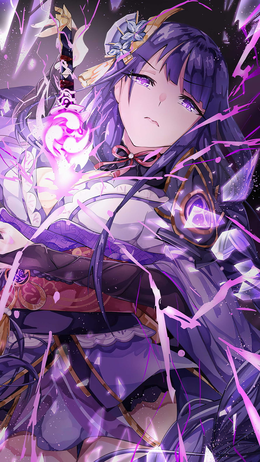 Raiden Shogun Anime Character with Purple Energy and Sword HD phone wallpaper