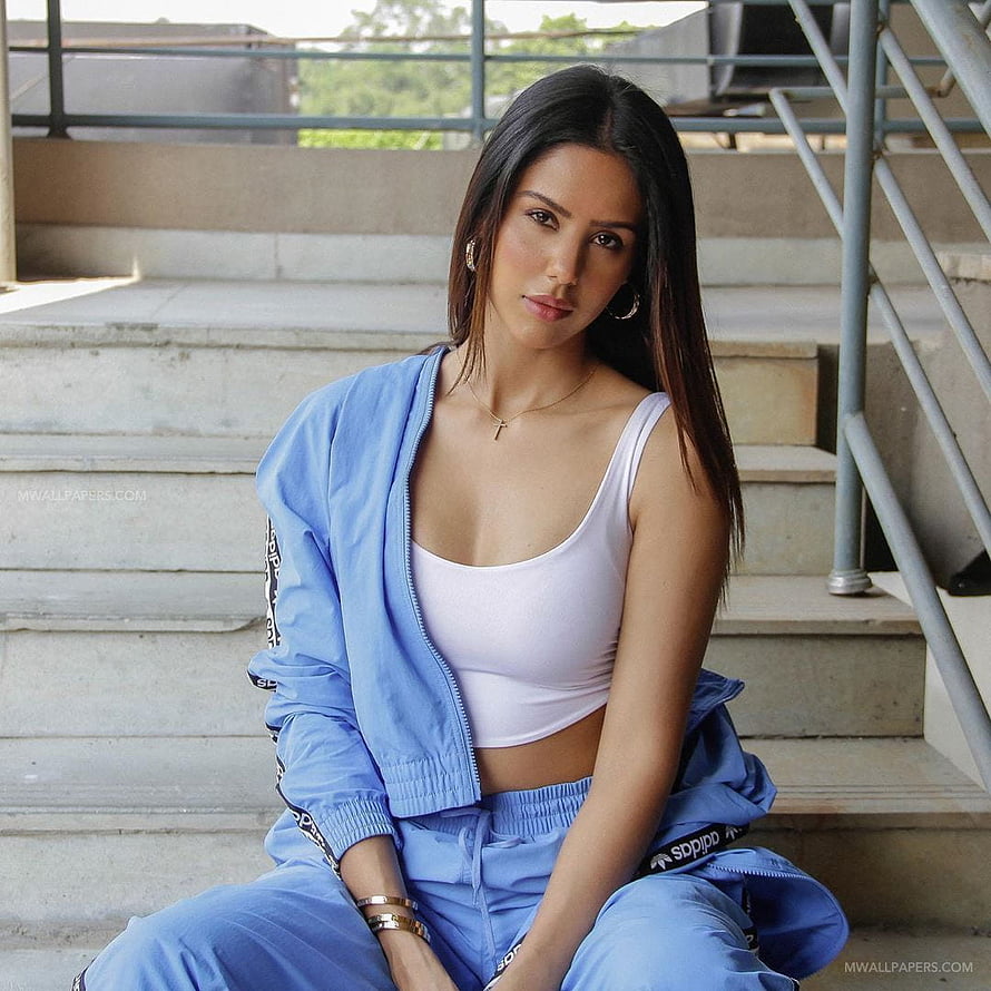 Sonam Bajwa in Blue Tracksuit and White Crop Top Sitting on Concrete Stairs HD phone wallpaper
