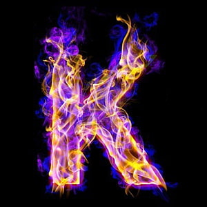 Vibrant Purple and Gold Flame Letter K on Black Background HD phone wallpaper