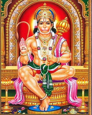 Hanuman Baba Ji Seated on Golden Throne with Mace and Prayer Gesture HD phone wallpaper