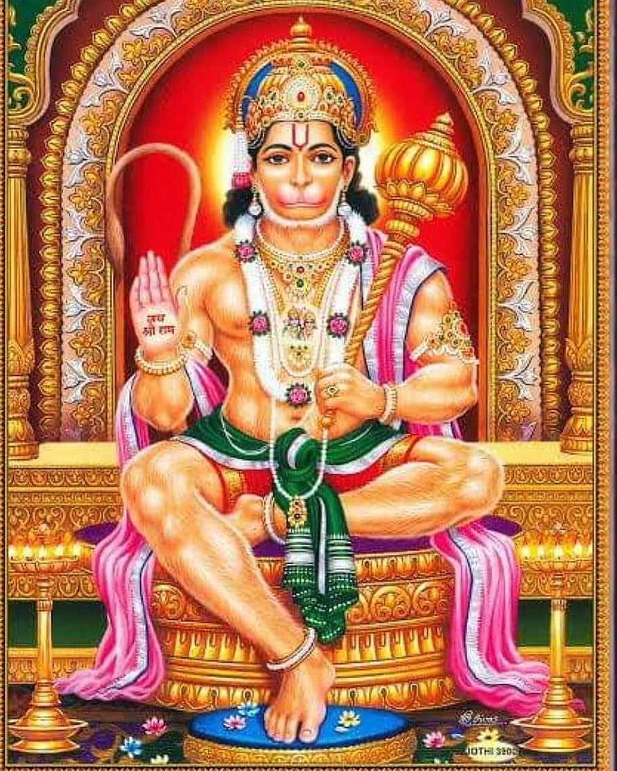 Hanuman Baba Ji Seated on Golden Throne with Mace and Prayer Gesture HD phone wallpaper