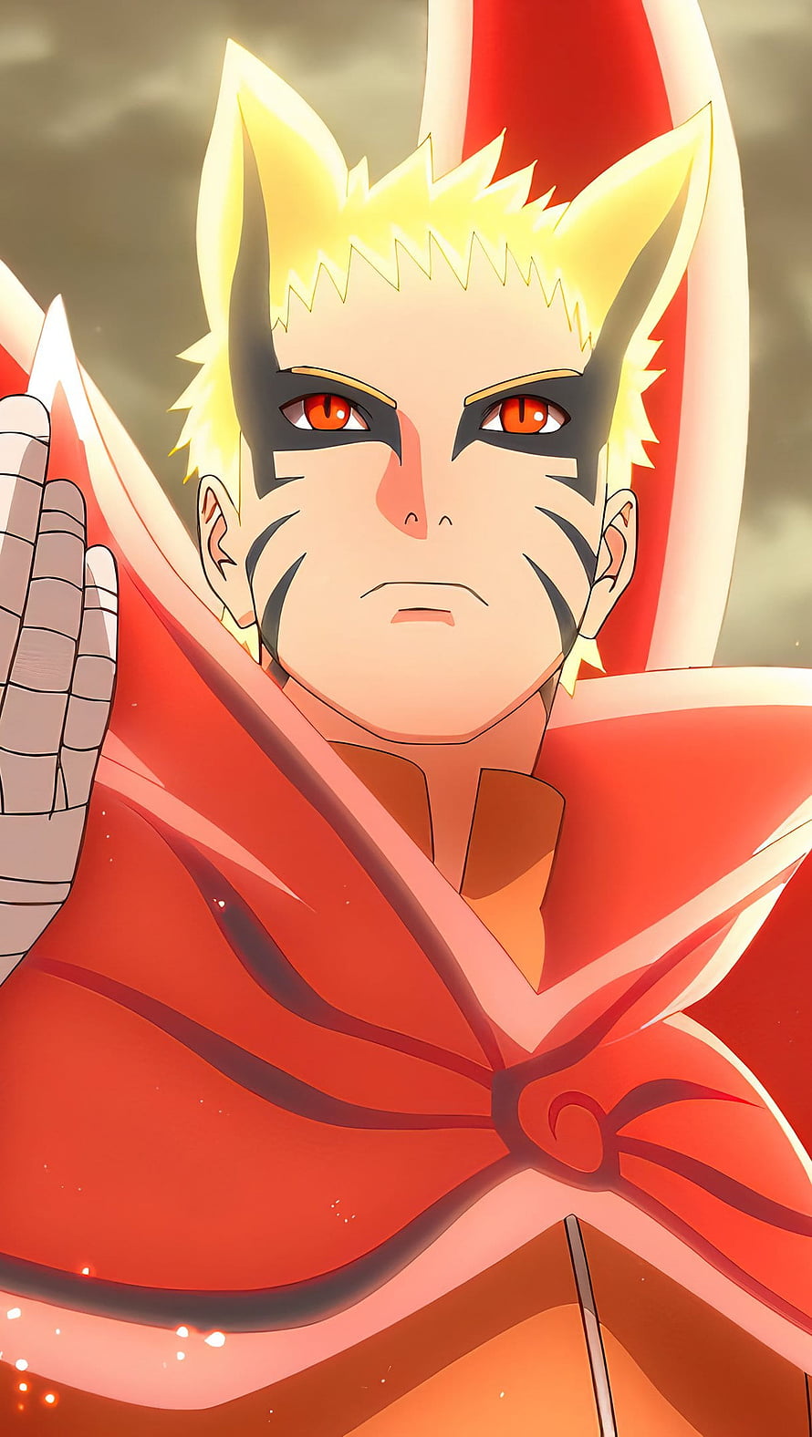 Naruto Uzumaki in Baryon Mode with Red Cloak and Spiky Blonde Hair HD phone wallpaper