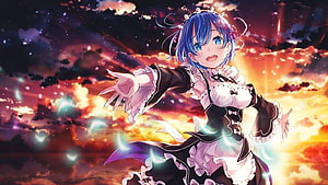 Rem from Re Zero in a black and white maid outfit reaching forward against a fiery sunset sky HD wallpaper
