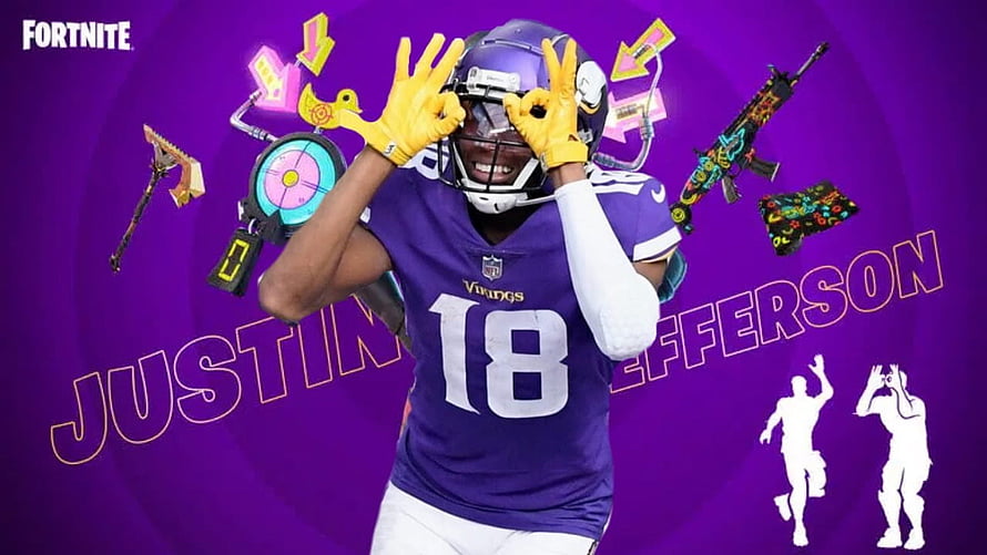 Justin Jefferson in Minnesota Vikings uniform with Fortnite emotes and weapons on purple background HD wallpaper