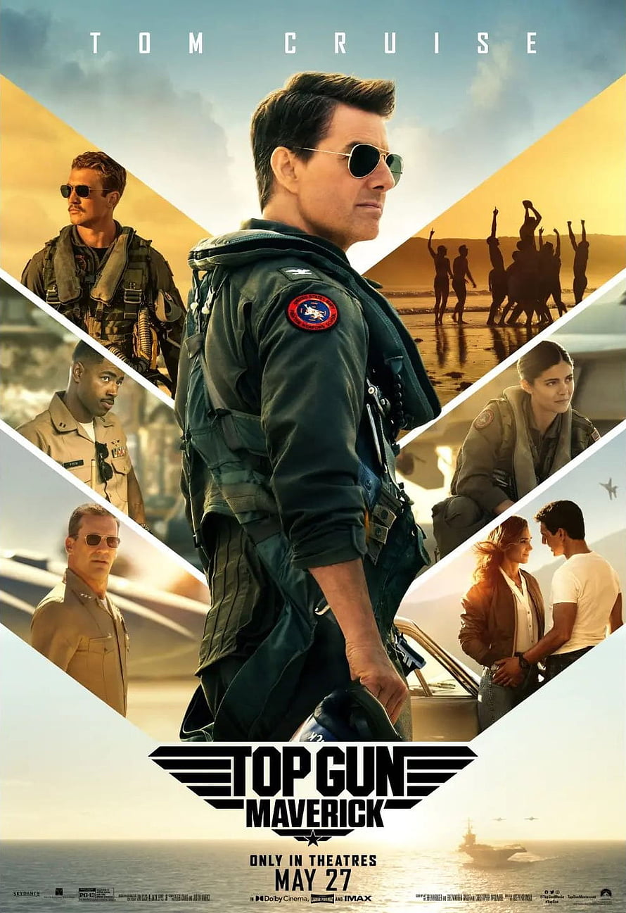 Top Gun Maverick Movie Poster Featuring Tom Cruise in Flight Suit with Cast Collage and Naval Aircraft Carrier HD phone wallpaper