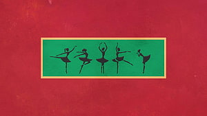Five ballet dancer silhouettes in dynamic poses on a green panel against a textured red background HD wallpaper