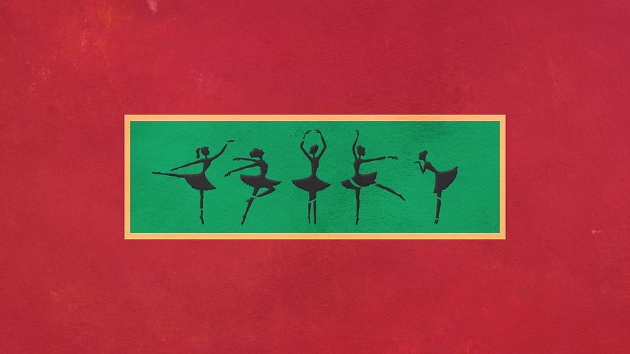 Five ballet dancer silhouettes in dynamic poses on a green panel against a textured red background HD wallpaper