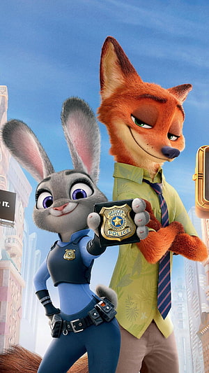 Judy Hopps and Nick Wilde from Zootopia holding a police badge in a city setting HD phone wallpaper