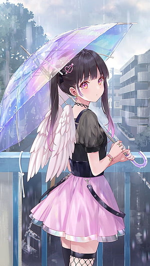 Anime girl with white wings holding a transparent umbrella in the rain HD phone wallpaper