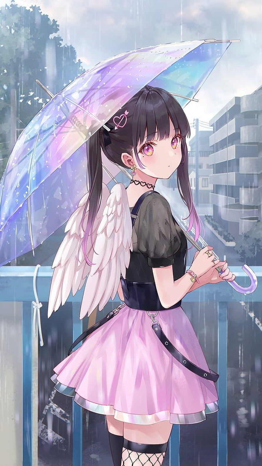 Anime girl with white wings holding a transparent umbrella in the rain HD phone wallpaper