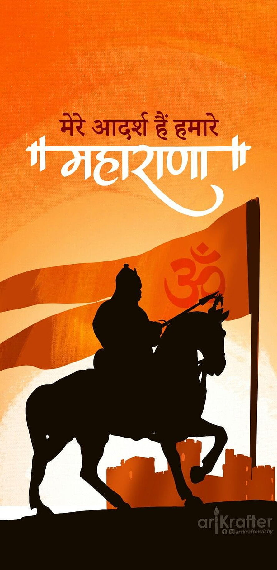 Maharana Pratap Silhouette on Horseback with Orange Flag and Om Symbol HD phone wallpaper