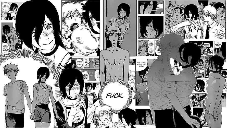 Chainsaw Man Denji and Reze Black and White Manga Panel Collage HD wallpaper