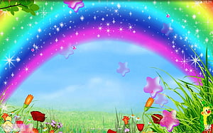 Colorful Cartoon Rainbow Over Flowering Meadow With Sparkling Stars And Fantasy Elements HD wallpaper