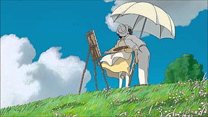 Studio Ghibli Anime Scene of a Woman Painting on a Grassy Hill Under a Parasol HD wallpaper