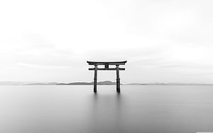 Minimalist Black and White Torii Gate Standing in Calm Water with Distant Hills HD wallpaper