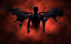 Silhouetted Devil with Horns and Tattered Wings Against Fiery Red Smoke HD wallpaper
