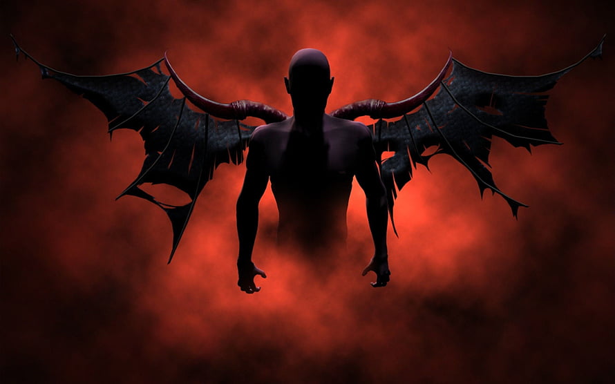 Silhouetted Devil with Horns and Tattered Wings Against Fiery Red Smoke HD wallpaper