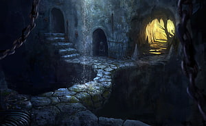 Dark Fantasy Dungeon Interior With Stone Path And Glowing Cave Opening HD wallpaper