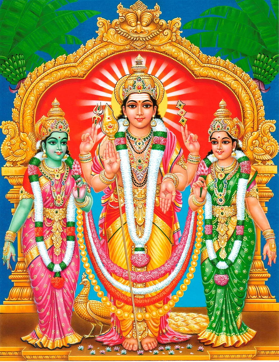 Lord Murugan with consorts in ornate temple setting, traditional Indian deity artwork HD phone wallpaper