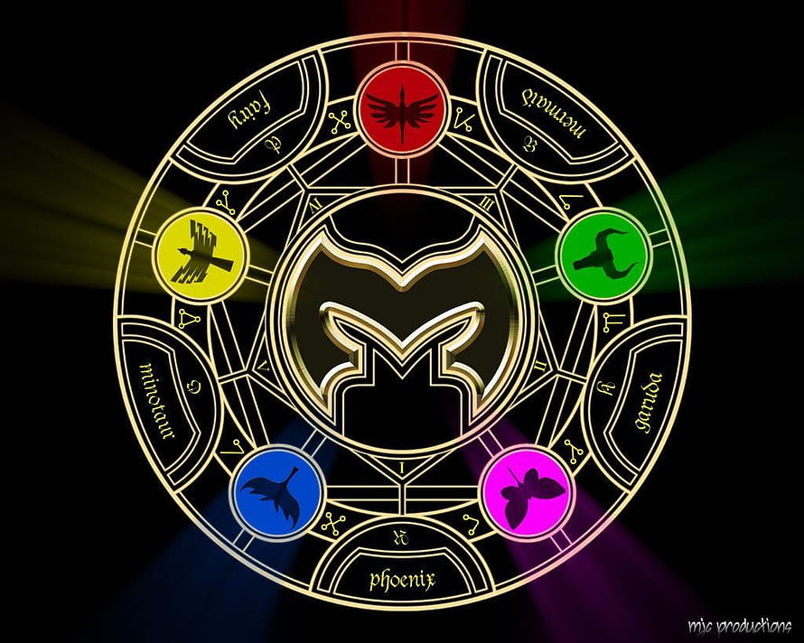 Mystic Force Power Rangers Emblem with Elemental Animal Symbols and Golden Geometric Design HD wallpaper