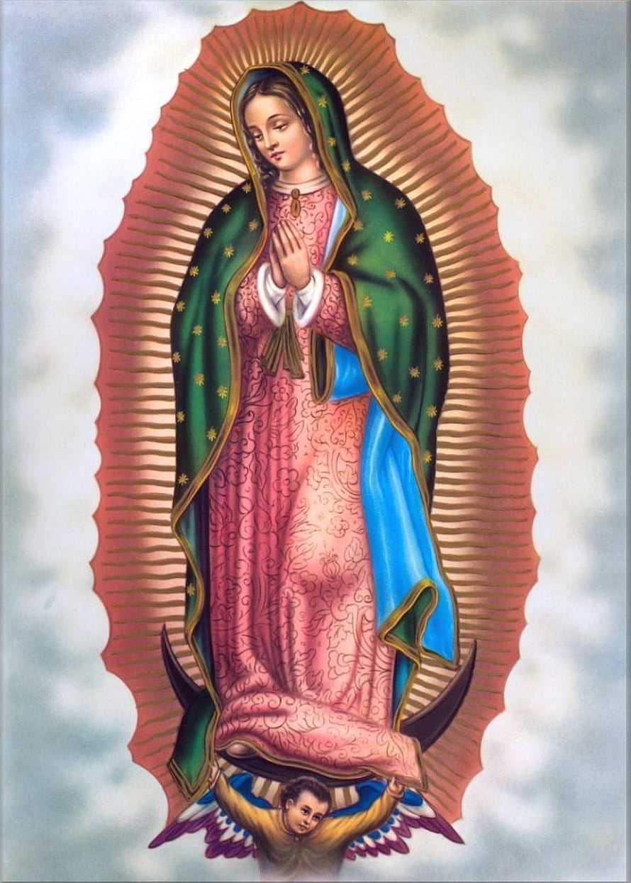 Our Lady of Guadalupe Religious Artwork with Green Cloak and Angel HD phone wallpaper