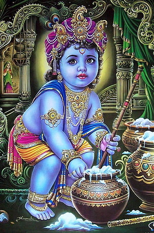 Bal Krishna Stirring Butter in a Pot, Traditional Indian Deity Painting HD phone wallpaper