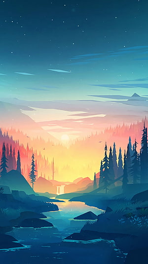 Minimalist Mountain Landscape at Sunset with River and Pine Forest HD phone wallpaper