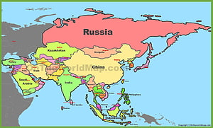 Colorful Political Map of Asia Featuring Major Countries and Capital Cities HD wallpaper